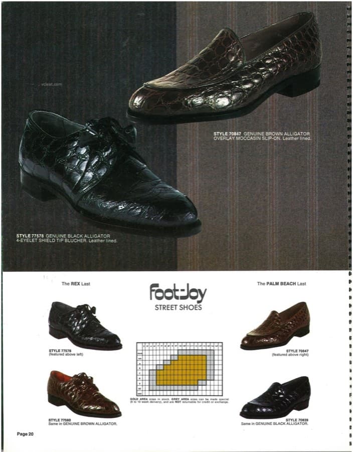 Street shoes in genuine alligator on the Rex and Palm Beach lasts: black 4-eyelet shield tip blucher and brown overlay moccasin slip-on with variants.
