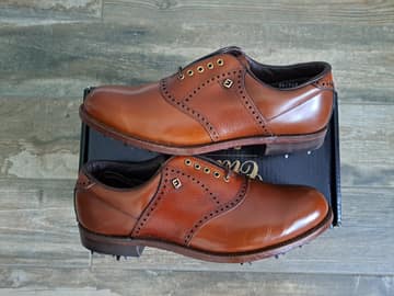 FootJoy style 51722: Wingtip monk strap golf shoe. Smooth Brown/Pebbled Brown Saddle
