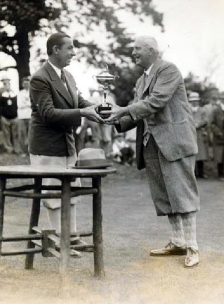 Walter Hagen receiving the Ryder Cup from Ted Ray at Worcester Country Club, 1927