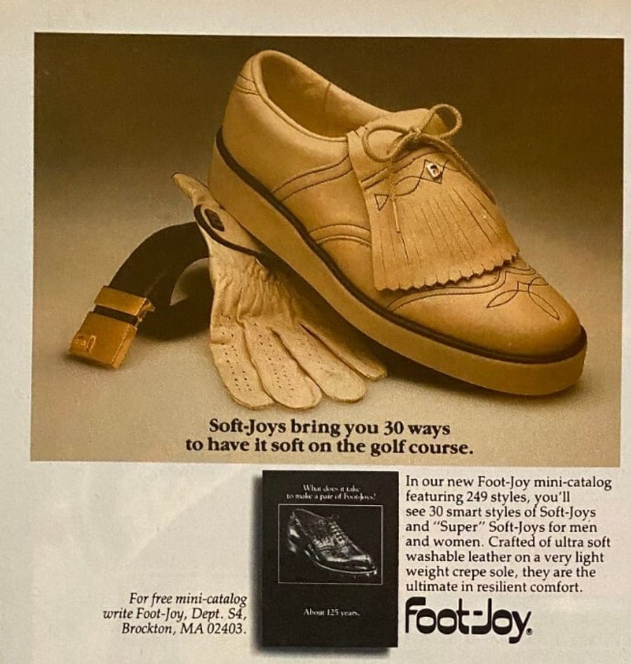 Foot-Joy magazine advertisement from 1982 showing a tan kiltie shoe with a glove and belt, headed “Soft-Joys bring you 30 ways to have it soft on the golf course”