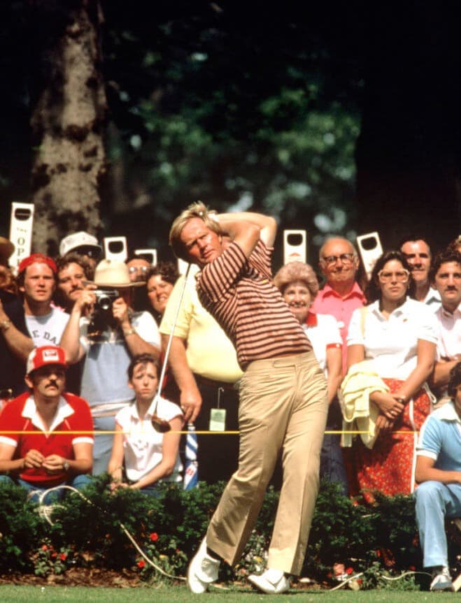 Jack Nicklaus follows through on a tee shot in front of a packed gallery at Baltusrol, 1980